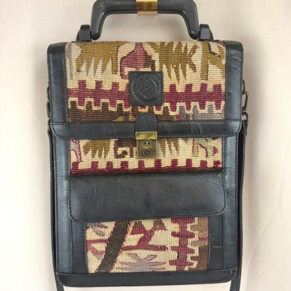 Vintage 90s PATRICK CHARLES Kilim Tapestry Carpet Bag Wool Leather Boho Handmade